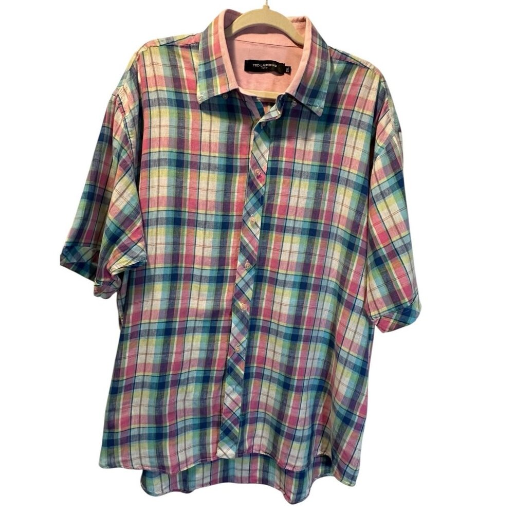 Ted Lapidus Paris 100% Linen Shirt Short Sleeve Button Front Pink‎ Plaid Sz XXL